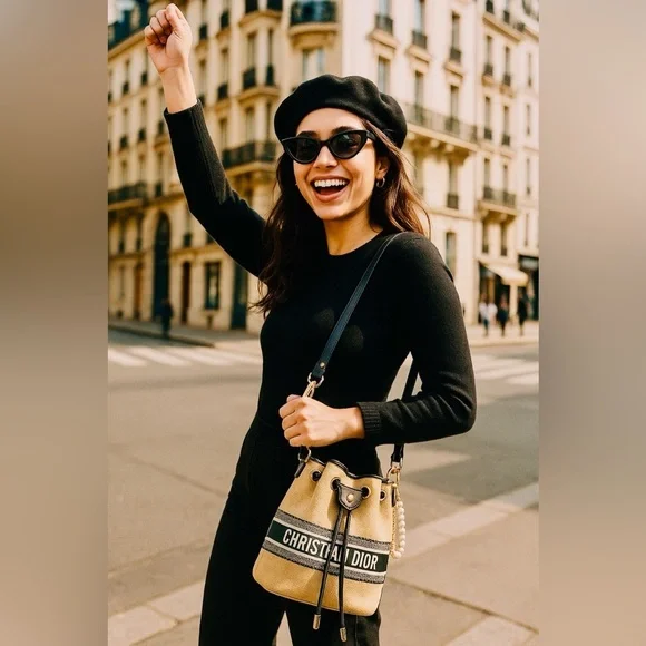 Christian Dior Beige Canvas Bucket Bag with Pearl Charm - Picture 8 of 11